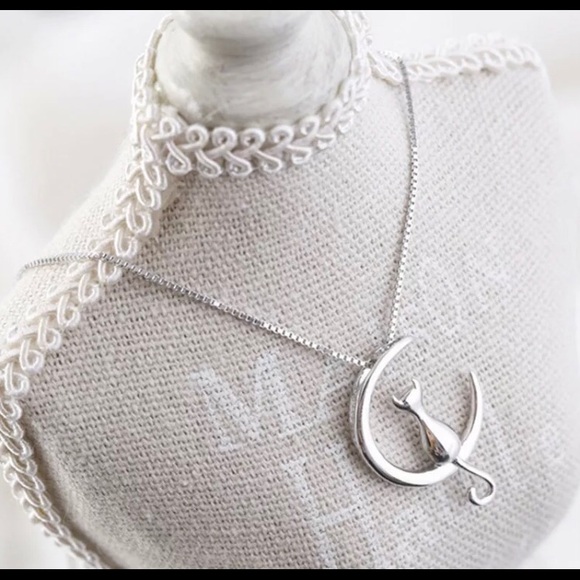 Kitty Cat Sits on A Silver Moon Necklace - Picture 2 of 3